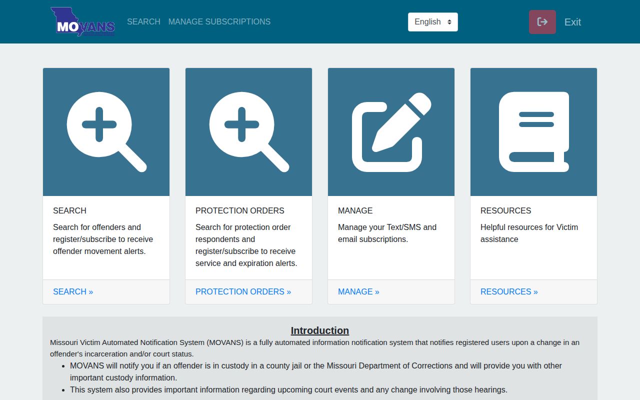 Missouri MOVANS portal for Marion County custody and release notifications