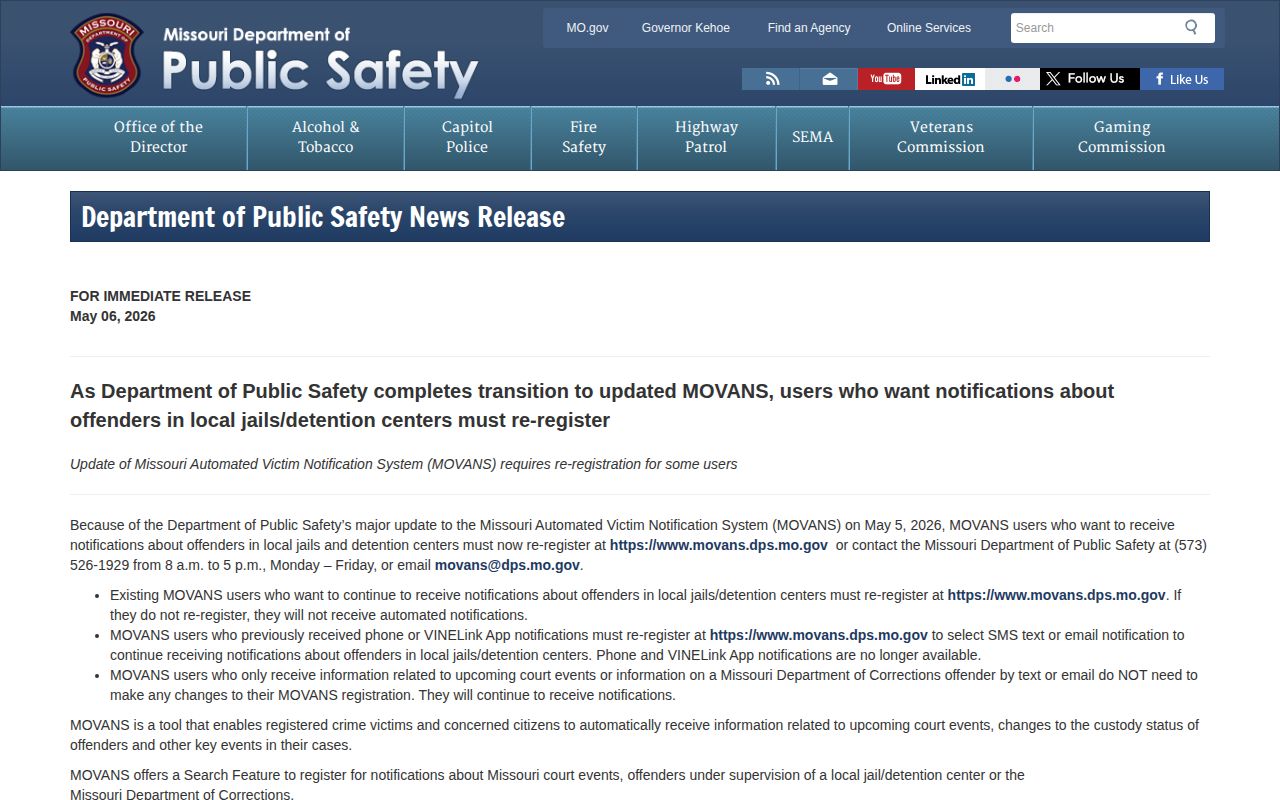 Missouri MOVANS transition notice for Marion County VINE inmate alerts