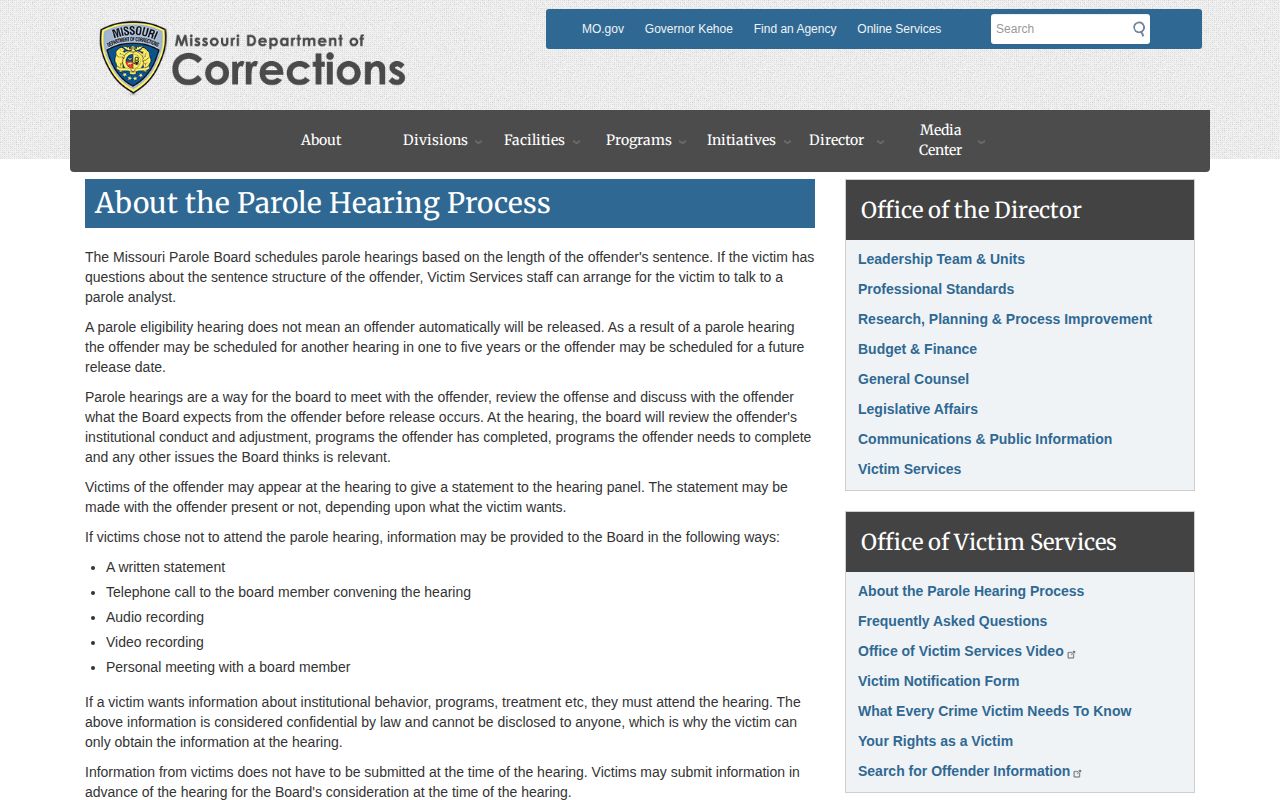 Missouri parole hearing information for Marion County release verification